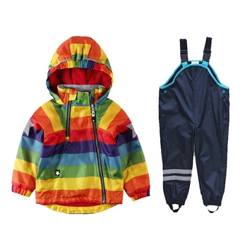 2019 bērnu apģērbu jaunā zēni un meitenes varavīksnes svītrainām kapuci jaka jaka kombinezoni ar krūšdaļu pretvēja lietus tērps