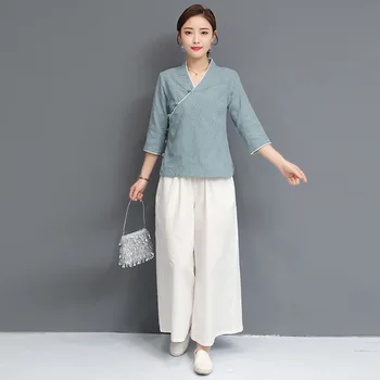 2022 ķīniešu stila uzvalks kokvilnas un lina ikdienas ikdienas tīru krāsu v-veida kakla top plaša kāju bikses mājās pakalpojums atbilstu tējas mākslas kostīms