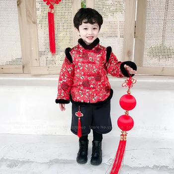 3Colors Bērniem Kažokādas Plīša Cheongsam Tang atbilstoši Bērniem Ķīniešu Stilā Jaunais Gads Drēbes, Bērnu Zēniem Ziemas Mēteļi Bikses Sarkanā Apģērba Komplekts