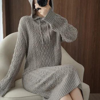 Adohon ir 2021. sieviete ziemas Kašmira džemperi rudens adīti Džemperi kleitas, Augstas Kvalitātes, Silta Sieviešu sabiezējums Kapuci