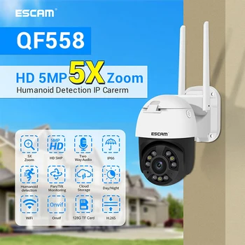 ESCAM QF558 HD 5MP PTZ WIFI IP Kamera, 5X Zoom AI Humanoīdu Nakts Redzamības H. 265 Drošības Āra Ūdensizturīgs Novērošanas Kameras.