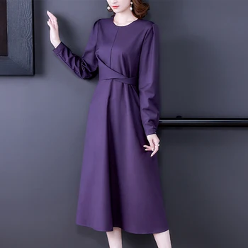 Ir 2021. Bodycon Elegants Cieta Vakarā Vestidos Pavasara Rudens Garām Piedurknēm Vintage Gadījuma Midi Kleita Sievietēm Jaunā Modes Purpura Kleitas
