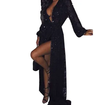 Ir 2021. Rudens Un Ziemas Jauno Modes V-veida kakla Sexy Black Pušķis Sequin Gara Kleita Sieviešu Apģērbs