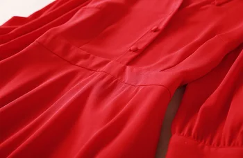 Ir 2021. Vasaras Modes Sarkana Kleita Augstas Kvalitātes Zīda Sieviešu Kārtas-Apkakles Pogas, ar Priekšējo Pusi Piedurknēm Gadījuma Sexy Asimetriska Kleita