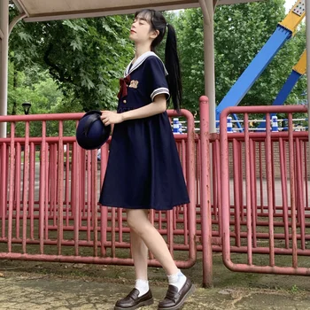 Japāņu Lolita Meitene Jūrnieks Apkakles Navy Kleita Salds Pasaku Vintage Priekšgala mezgls Preppy Stils Ilgi Īsām Piedurknēm Sievietēm Studentu Kleita