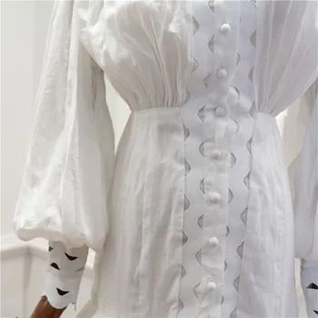 Jaunā Modes Dizainere Skrejceļa Sieviešu Laternu Piedurknēm Griešanas Sirēna Dobi No Augstu Uzrullētu Apkakli Vintage Kleita Balta