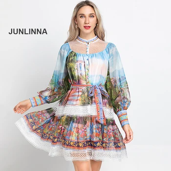 JUNLINNA Modes Dizainere Sieviešu Vintage Kleitu Modes Ziedi Drukāts Vienā Krūtīm, kuru linuma Acs Ruffles Raibs Vērtnes Kleitas