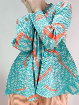 KARSTĀ PĀRDOŠANAS Miyake fashionprint visu maču v-veida kakla ar garām piedurknēm brīvs T-krekls NOLIKTAVĀ