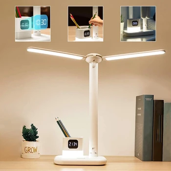 LED Galda Lampa Eye-Rūpes 2 Vadītāji Biroja Galda Gaismas ar Pildspalvu Turētājs Pulkstenis,360° Platleņķa Biroju Apgaismojums,3 Krāsu Režīmi