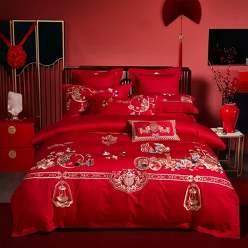 Luksusa Sarkanās Ķīnas Klasiskā Stila Izšuvumus Kāzām Ēģiptes Kokvilnas Gultas Komplekts Sega Sedz Palagu Spilvendrānas Gultas Pārklājs