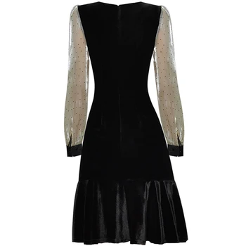 Modes Skrejceļa 2021. Gada Rudens Samta kleita Sievietēm Vintage elegants Plisēt Pogu garām Piedurknēm Silm Kleitas