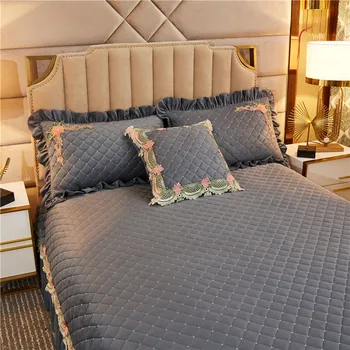Mīksta samta gultas komplekts gultas pārklājs un spilvens gadījumā quilting mežģīnes gultas pārklāji gultas veļa antracīta pelēkā krāsā