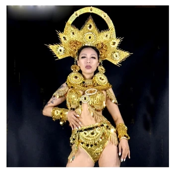 Nākotnes tehnoloģiju Drag Queen Kostīmi Tērpiem Valkāt Dejotāju Skatuves Sniegumu Dziedātāja Puse Zelta kosmosa saules dieviete Madonna kostīms