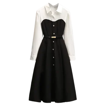 Plus Lieluma Birojā, Dāmas Elegantas Garās Kleitas 4XL Rudens garām Piedurknēm Raibs Augsts Viduklis-line Vestidos franču Vintage Kleitas