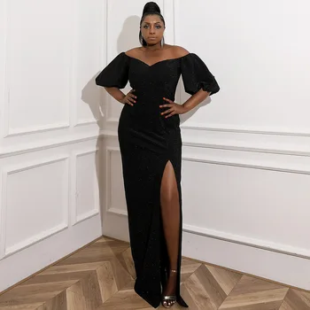Plus Lieluma Elegantas Vakara Kleitas Sievietēm Āfrikas Melnās Sequin Gara Kleita Puse Kleitas Pie Pleca Sexy Spraugas Formālu Kleita Drēbes