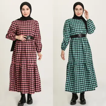 Pārbaudīts Rakstu Siksnas Kleita Ar Garām Piedurknēm Apkalpes Kakla Neoderēts Ziemas Sezonas Turcija Dubaija Islāma Sievietēm Musulmaņu Modes Hijab