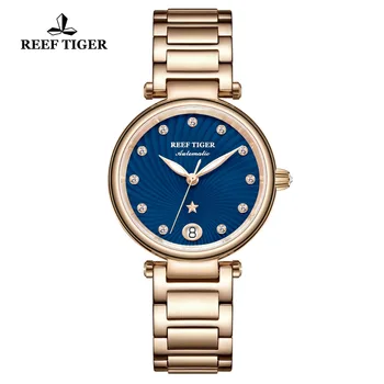 Reef Tiger/RT Luksusa Zīmolu Sieviešu Rokas pulksteni Rose Gold Blue Dial, Automātiskie Pulksteņi Dimanta Dāmas Rokassprādze Pulksteņu RGA1590