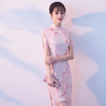 Rozā Mežģīņu Ķīniešu Stila Vakarkleitas Cheongsam Elegantu Austrumu Puse Kleita Vestidso Vintage Izšuvumi Līgava Qipao Plus Lieluma