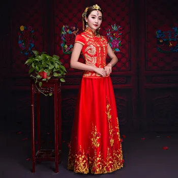 Sarkanā Qipao Ilgi Cheongsam Sieviešu Tradicionālā Ķīniešu Līgava Īsām Piedurknēm Sārņu Qi Pao 2018 Mūsdienu Phoenix Kāzu Kleita