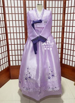 Sieviešu Hanbok Līgavas Kāzu Kleita Izsmalcināti Purpura Izšuvumi Korejiešu Tradicionālās Hanbok Tautas Skatuves Šovs