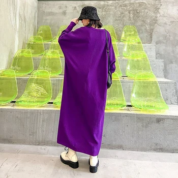 Sieviešu Purple Black Ilgi Lielajam Adīšana, Kleitas, Sieviešu Kleita Ir 2021. Jaunu V-veida Kakla Sleeve Loose Fit Modes Jūra Rudens Ziemas