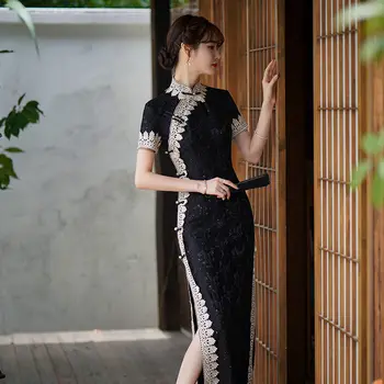Sieviešu Tradicionālā Ķīniešu Stilu, Elegants Cheongsam Sexy Lady Mežģīņu Aplikācijas Vakara Kleita Retro Modes Slim Vizuļi Mežģīnes Qipao