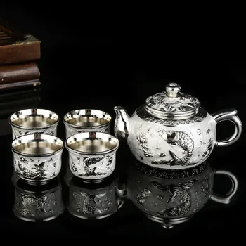 Sudraba Koi tējas set set komplekts Kung Fu tēju izgatavošanas kausa vienā katlā četras tases ar paplātes, tējas katlā svētku dāvanu