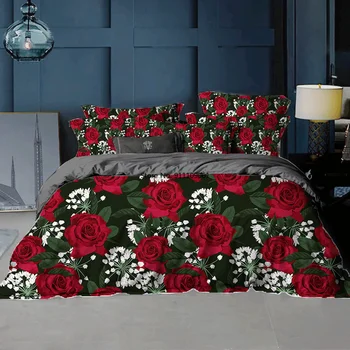 Valentīna Dienu, Gultas Komplekts Luksusa 3D Red Rose Bed Cover Romantiska Sega sedz Spilvendrāna Mājas Tekstila gultas Pārklājs Dāvanas