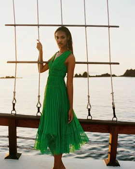 Vasaras Vienkāršu Klasisko Zaļo V-veida kakla Ikdienas stilu Sieviešu Kleitas, Mežģīnes, Tills Ruffles Svārki Pasūtījuma Plus Lieluma