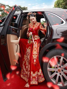 Vintage Tradicionālā Ķīniešu Cheongsam Kleita Austrumu Elegants Līgava Dragon Phoenix Izšūt Kāzu Kleita Kleita