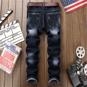 Vīriešu augstas kvalitātes novājēšanu elastīgi džinsi, klasiskā stilā blue jeans skrāpējumiem balta mazgāšanas džinsa bikses patched gadījuma džinsi bikses