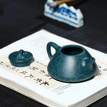 Yixing Tējkanna Violeta Smilšu Pot Hand-Made Autentisks Rūdas Azure Māla Zelta Akmens Scoop Blue Tea Set