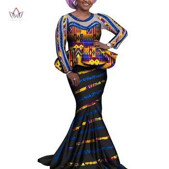 Āfrikas Sieviešu Top un Sirēna Svārki Komplekti Bazin Riche Āfrikas Drukāt Kleitas Sievietēm 2 Gabali Svārki Komplekti Puse Apģērbu WY8000
