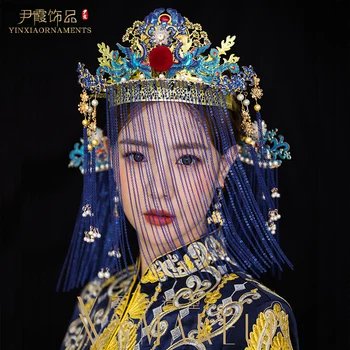 Ķīniešu līgava Xiuhe apģērbu, galvassegu Fengguan antikvariāts foto kostīmu catwalk zilā pušķis sejas aizkaru sejas aizkaru retro
