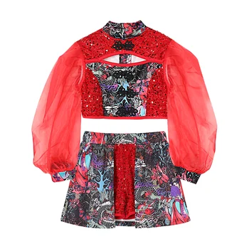 Ķīniešu Stila Džeza Kostīms Meitenēm Modelis Catwalk Show Jūra Apģērbs Bērniem, Hip-Hop Red Sequin Drēbes Ielu Deju Tērpi DQL6451