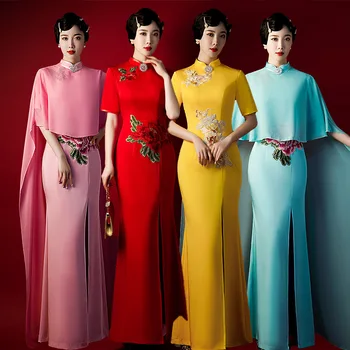 Ķīniešu Stilā Cheongsam Elegants Retro Tradicionālie Izšuvumi Ziedi Qipao Ilgi Nāriņa Kleita, Apmetnis Catwalk Kleita Plus Lieluma 6xl