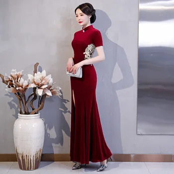 Ķīniešu Stilā Dimantu Vakara Kleitas Ilgi Sexy Saderināšanās Drēbes Dzimšanas Dienas Dāvana Sieviešu Vintage Samta Appliques Kleita Maigā Sirds
