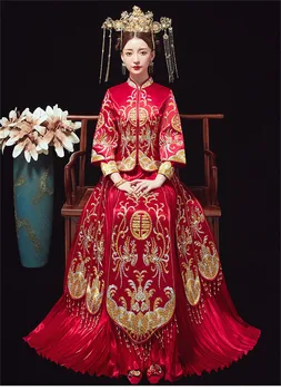 Ķīniešu Stilā Zelta Izšuvumi Tradicionālās Klasiskās Austrumu Kāzu Kleitu Drēbes Cheongsam Ķīna Qipao китайская одежда